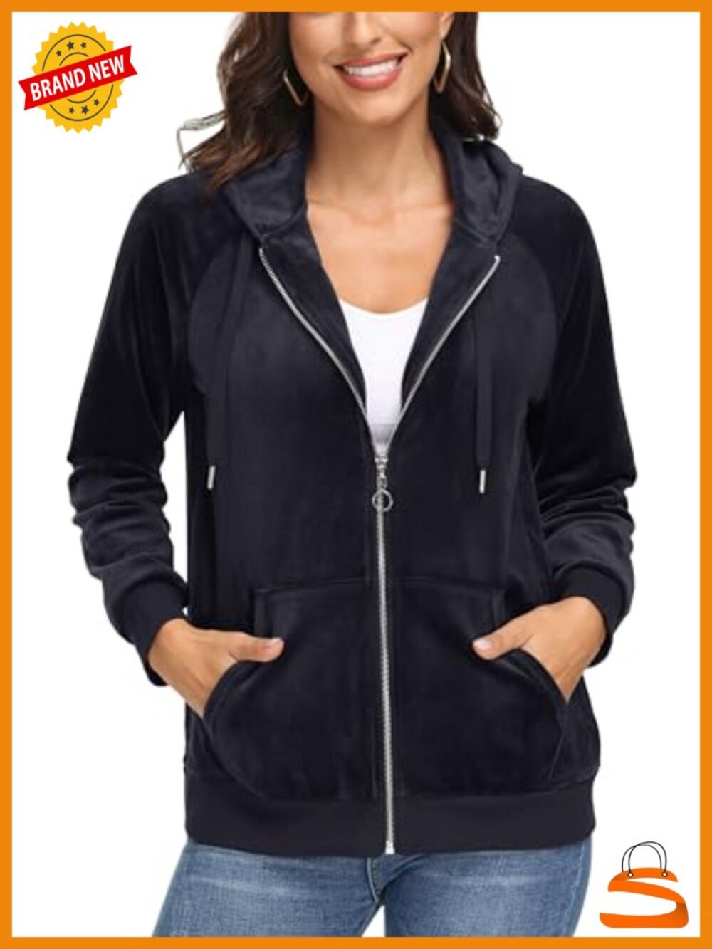 Velour Hooded Jacket Full Zip Fleece Outdoor Warm Winter Coat Pockets